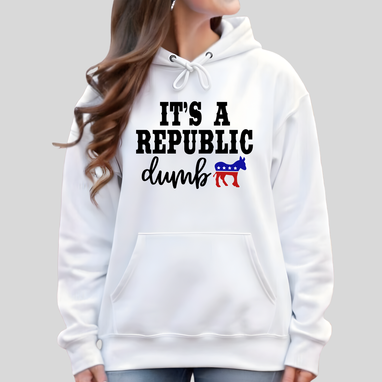 White hoodie with text and graphic design on a gray background