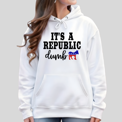 White hoodie with text and graphic design on a gray background