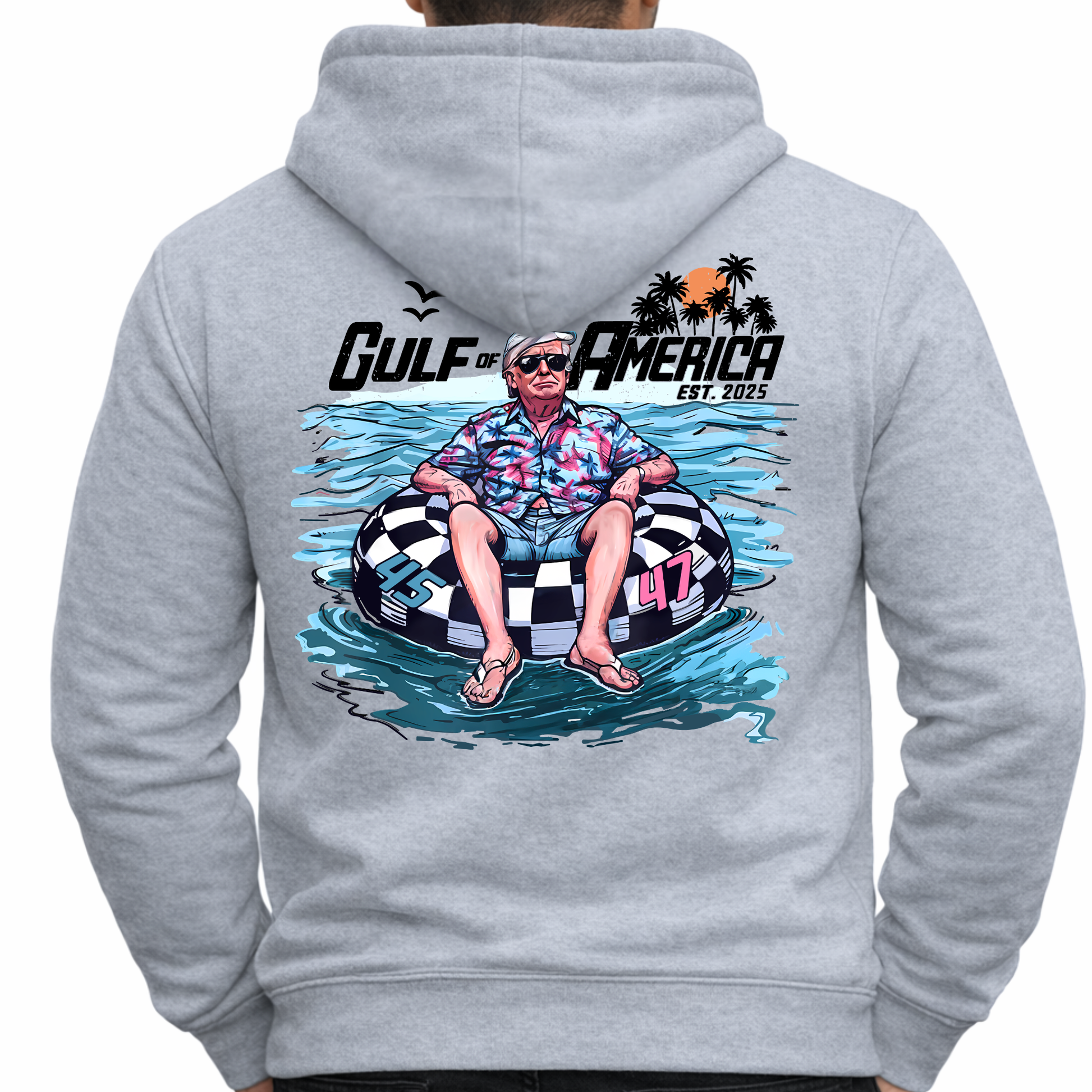 Gulf of America hoodie back design close up, beach scene graphic with floating figure and palm trees