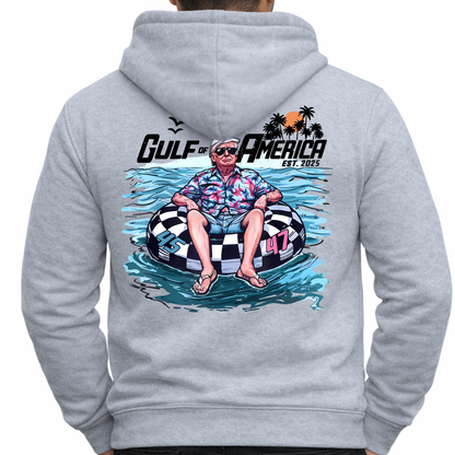 Gulf of America hoodie back design close up, beach scene graphic with floating figure and palm trees
