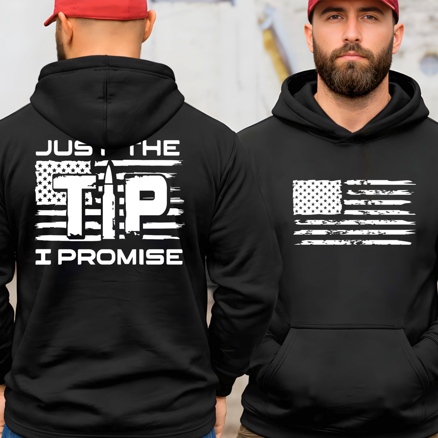 Men’s black patriotic hoodie front and back view with large back graphic