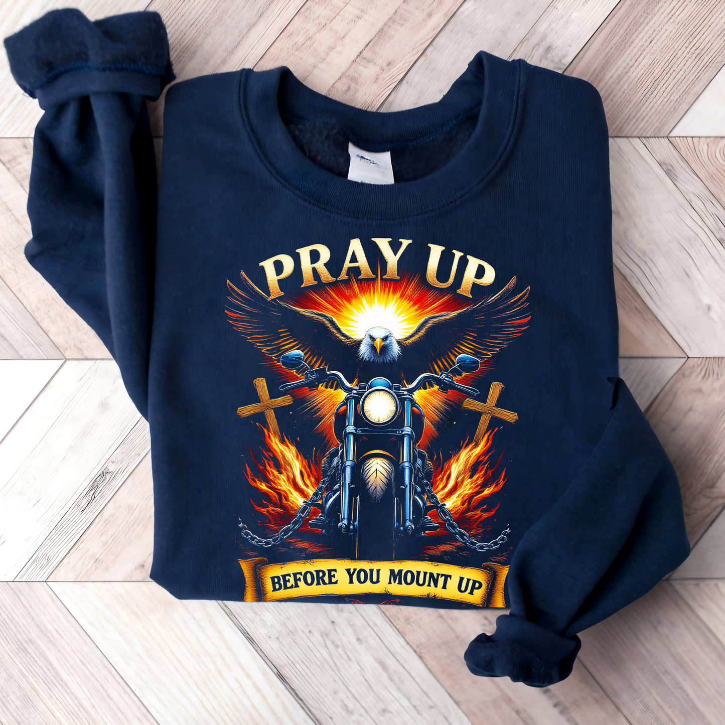 Men’s navy Blue Christian sweatshirt with bold motorcycle and eagle graphic front view