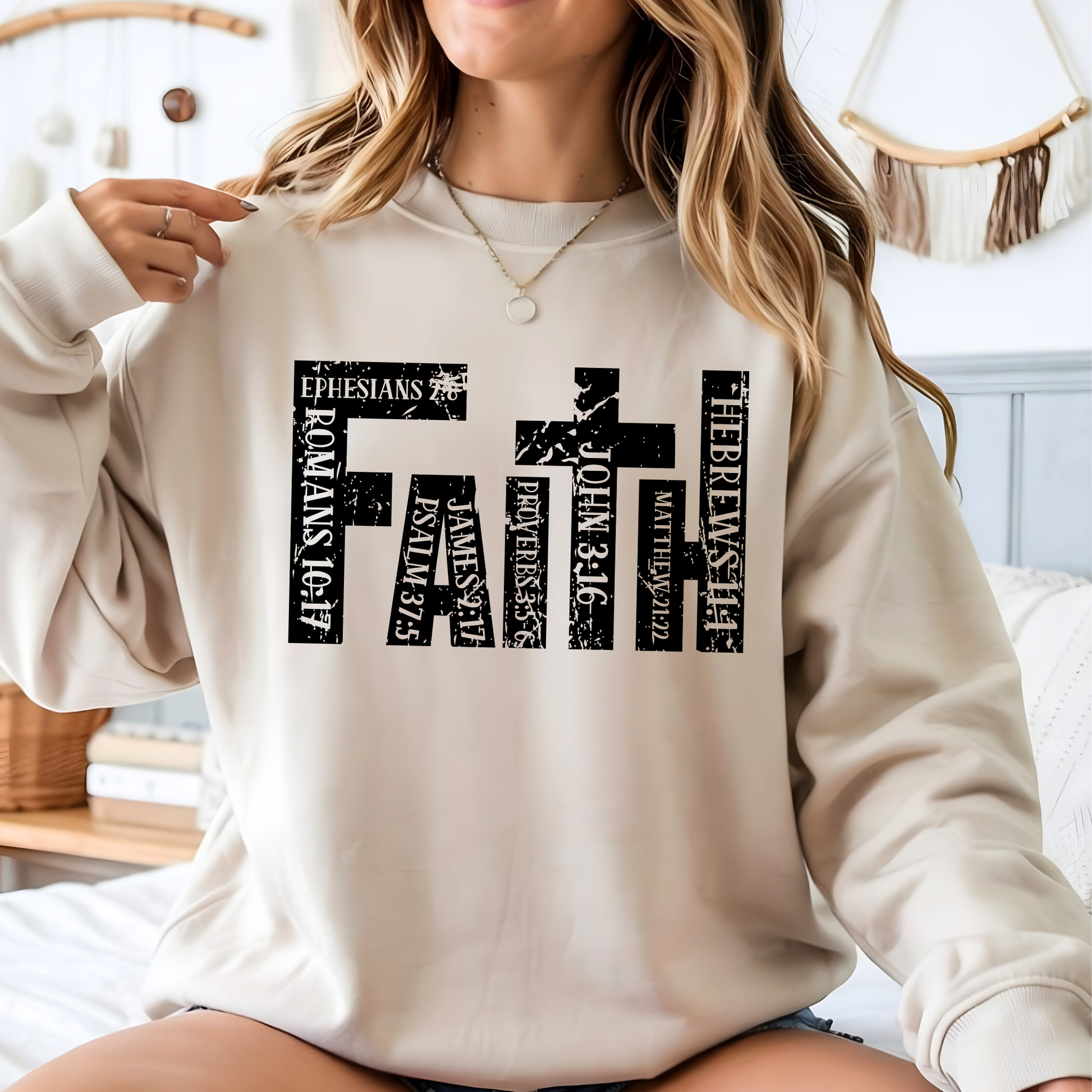 Sand Colored unisex Christian sweatshirt featuring faith cross scripture design