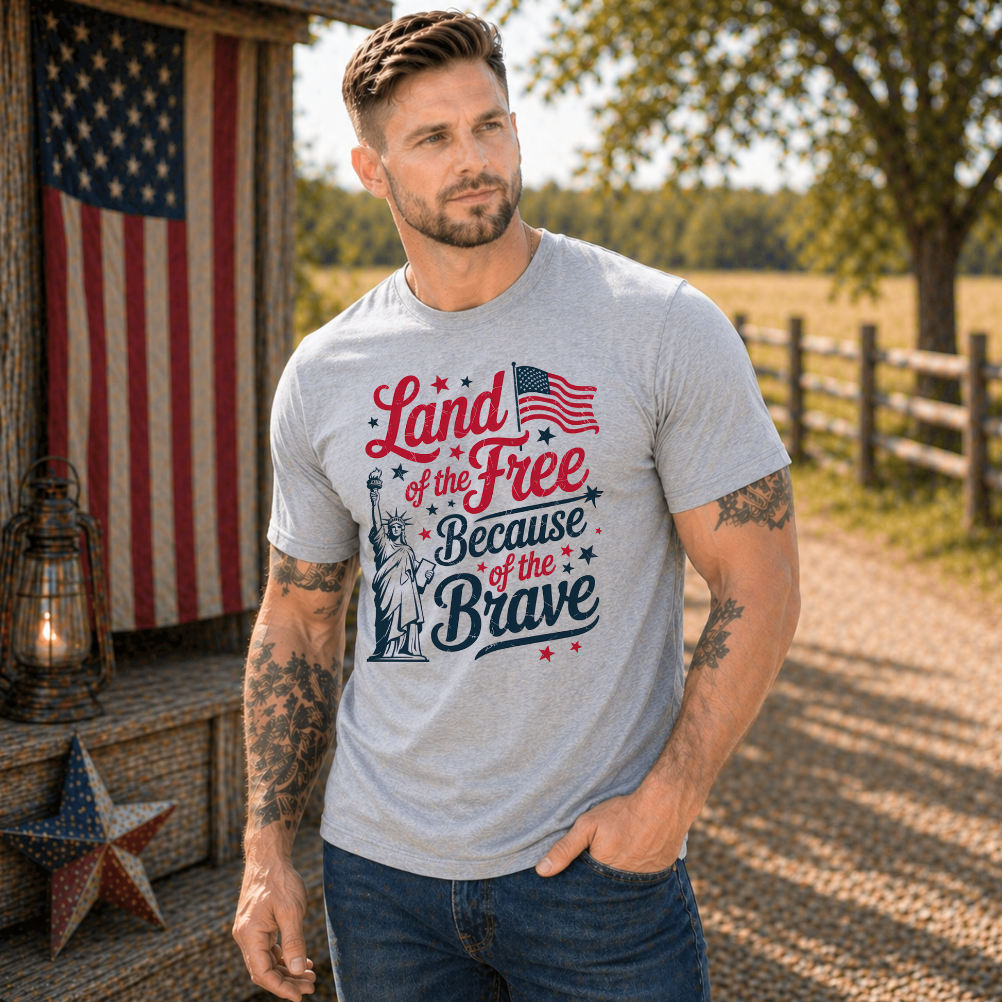 Man wearing a t-shirt with patriotic design outdoors near an American flag.