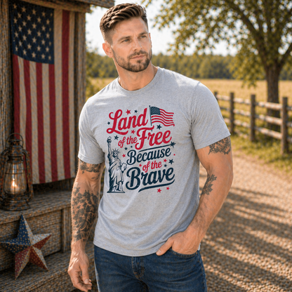 Man wearing a t-shirt with patriotic design outdoors near an American flag.