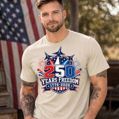 Man wearing a t-shirt with '250 Years Freedom' design in front of an American flag.