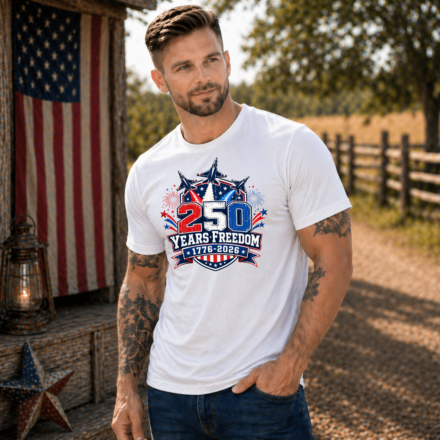 Man wearing a white t-shirt with a 250 Years Freedom design, standing outdoors with an American flag in the background.