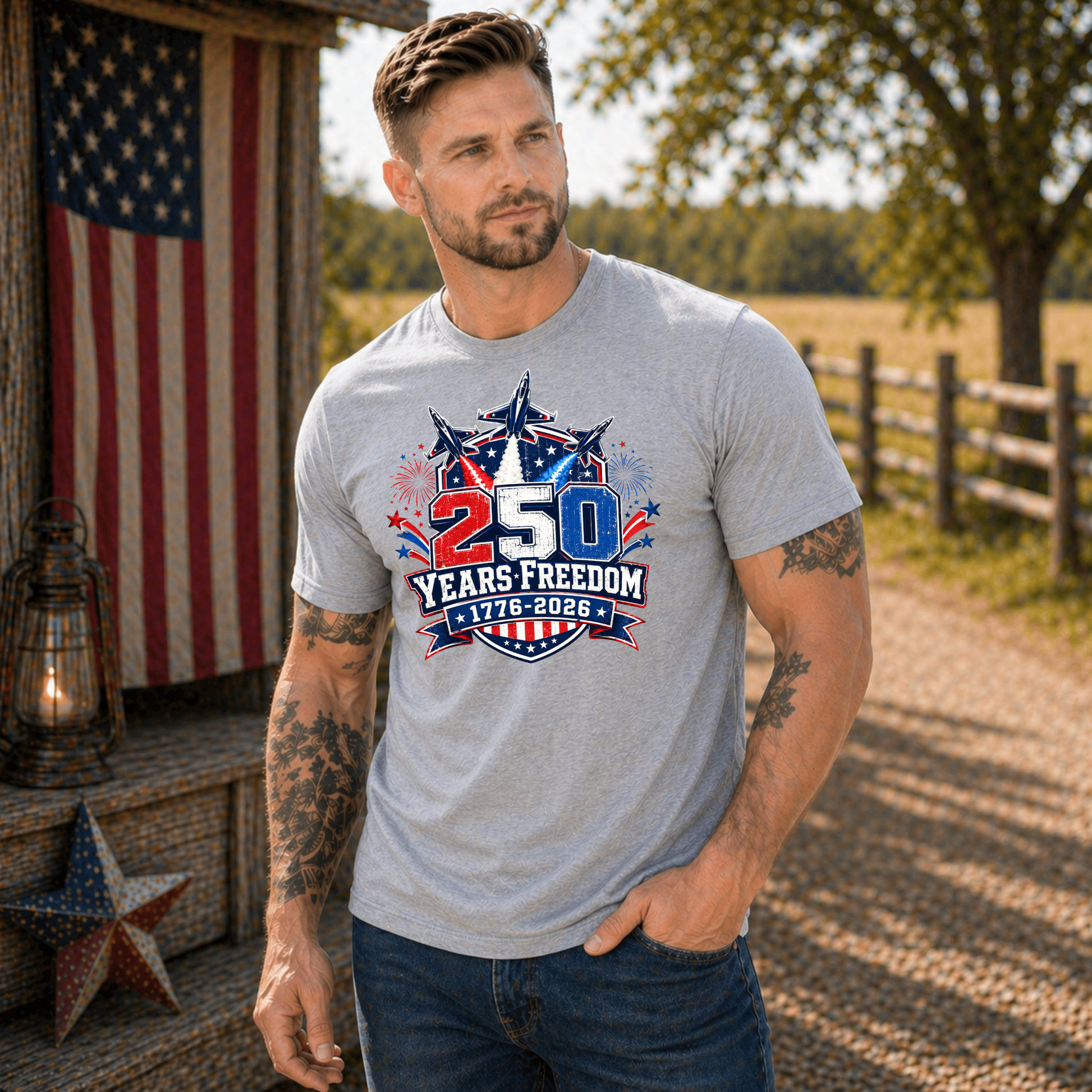 Man wearing a t-shirt with '250 Years Freedom' design outdoors.