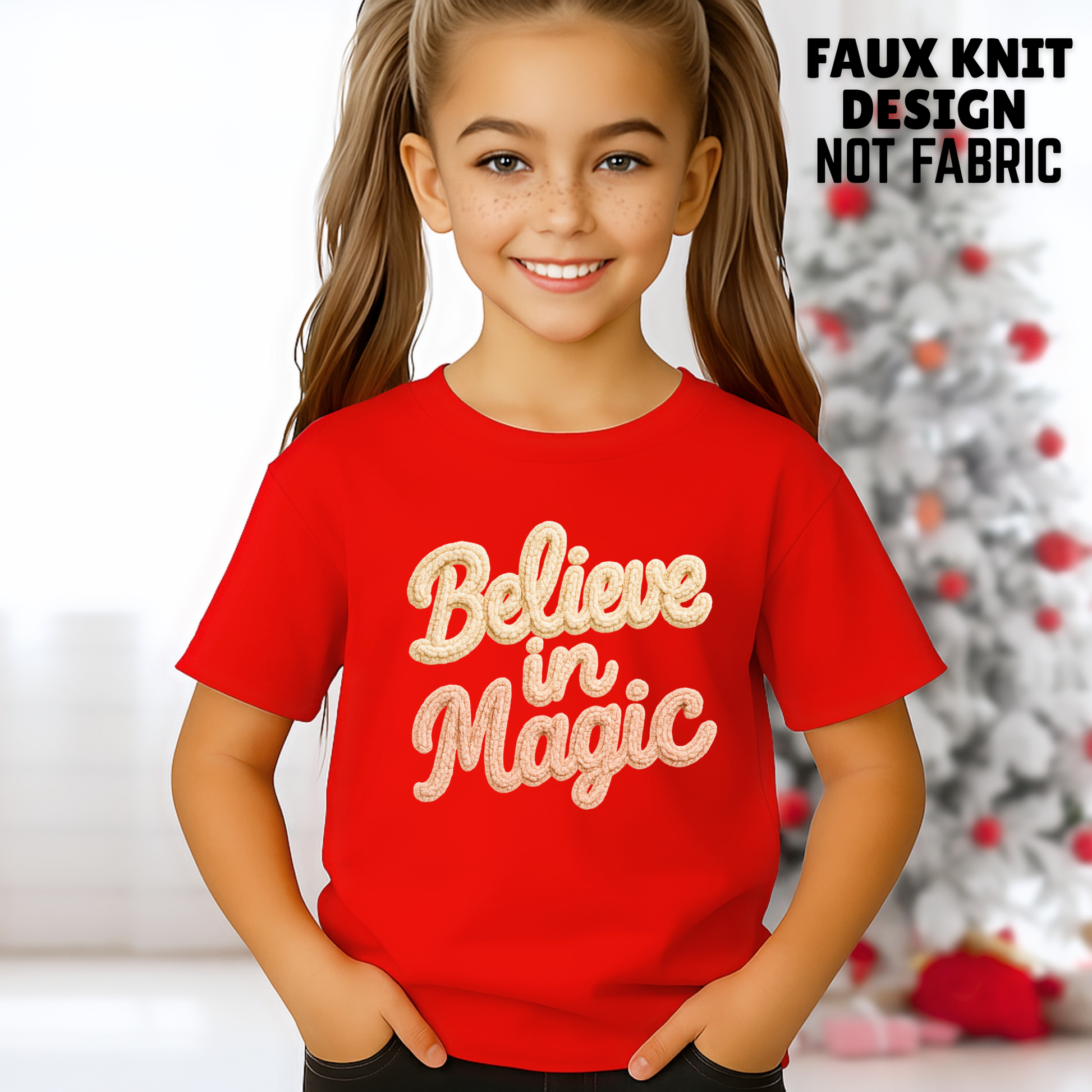 Youth girl wearing red Believe in Magic faux knit printed Christmas Tee