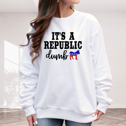 White sweatshirt with text and graphic design worn by a person indoors.