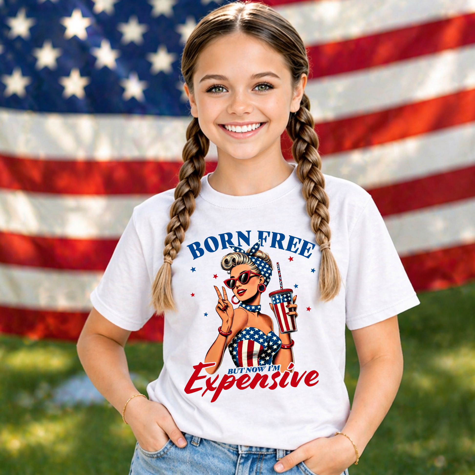 Young girl wearing a funny patriotic t-shirt with a graphic design in front of an American flag