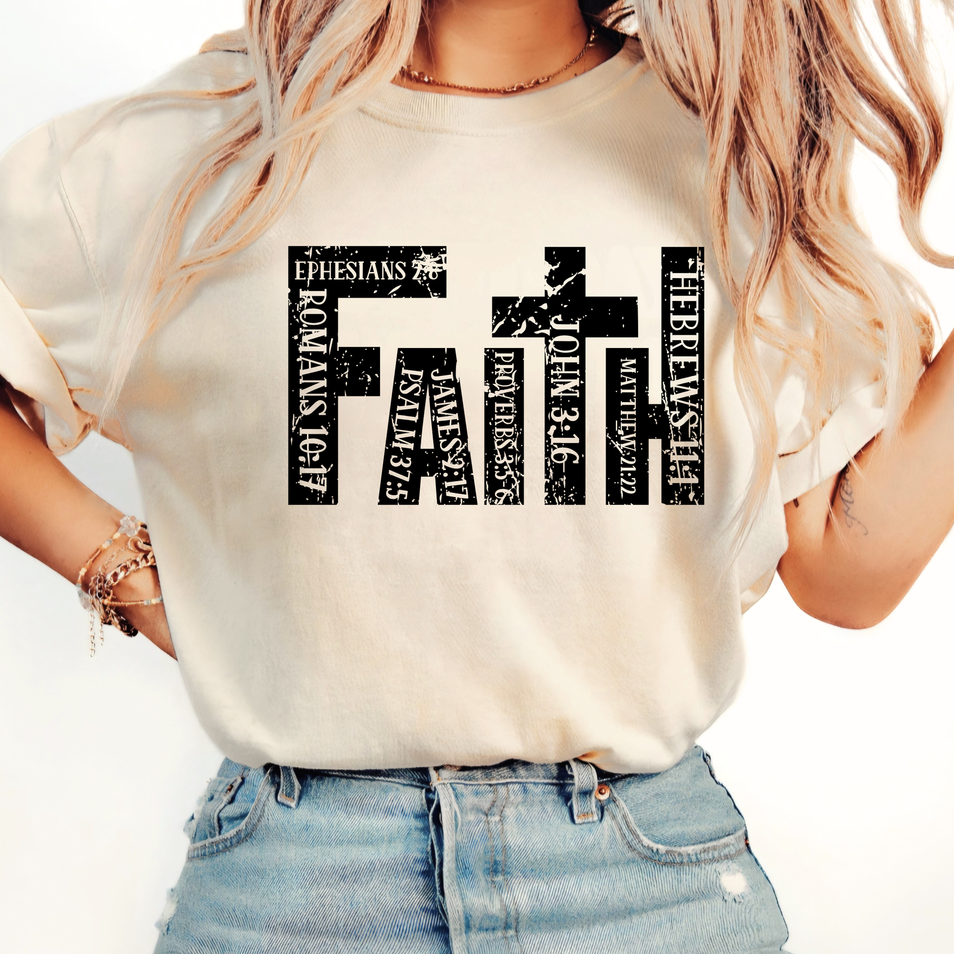 Woman wearing Sand colored unisex Christian t-shirt with faith scripture graphic
