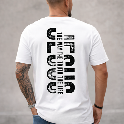 White Christian t-shirt back view with Jesus The Way The Truth The Life graphic and front cross detail inset