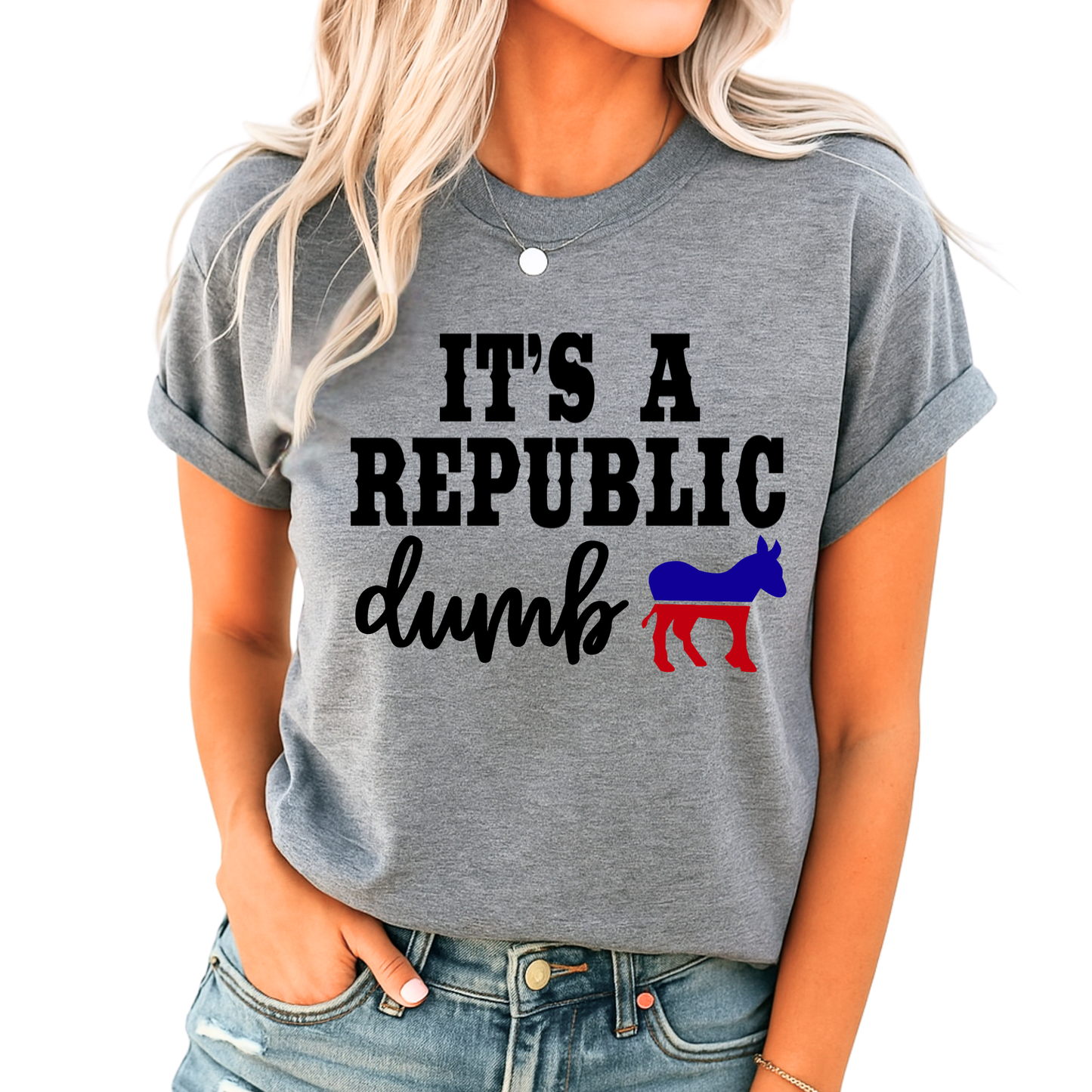 Gray patriotic tee with donkey graphic and bold text