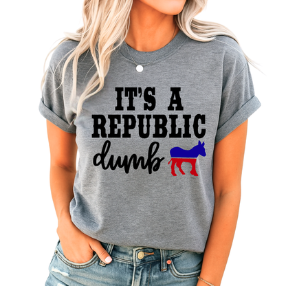 Gray patriotic tee with donkey graphic and bold text