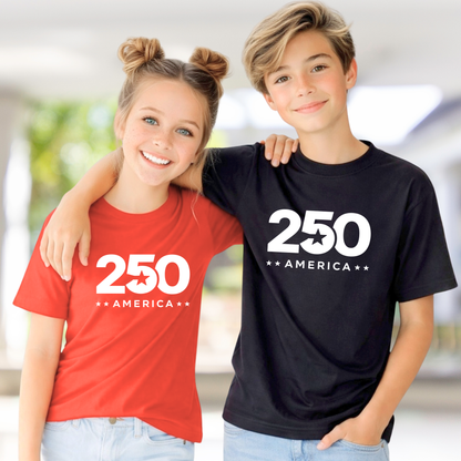 Two children wearing t-shirts with '250 America' design.
