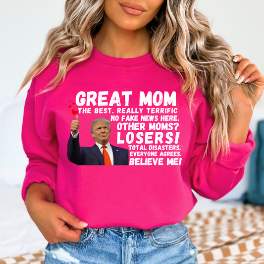 Show your mom she’s the best with this hilarious Great Mom Trump Sweatshirt! Featuring bold text and an iconic thumbs-up image, this design plays on a famous speech style, making it a funny, patriotic, and conservative-friendly gift for Mother’s Day, birthdays, or just because.