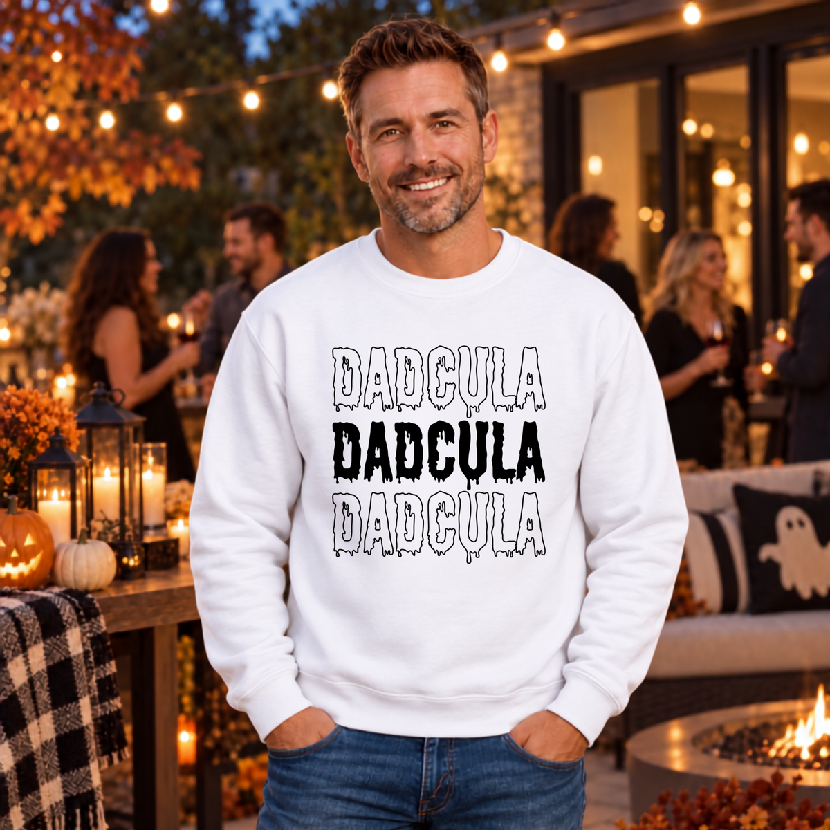 Man wearing the DADCULA Halloween graphic apparel design for dads in a spooky-season setting.