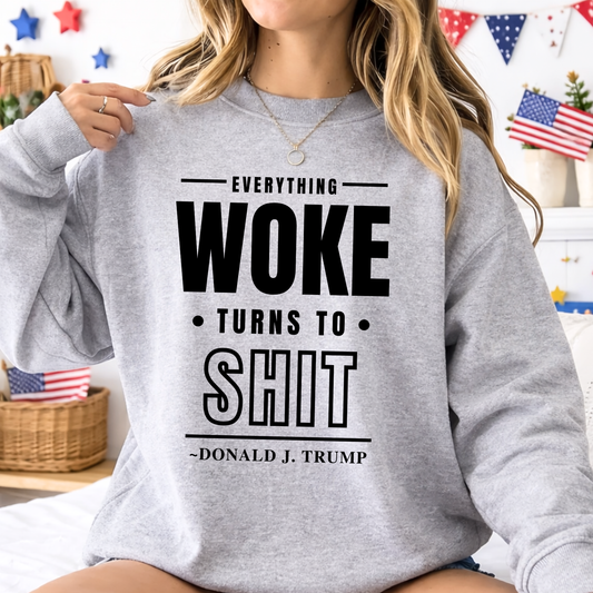 Woman wearing sports gray crewneck sweatshirt with bold quote graphic in patriotic setting – The Right Side Prints

