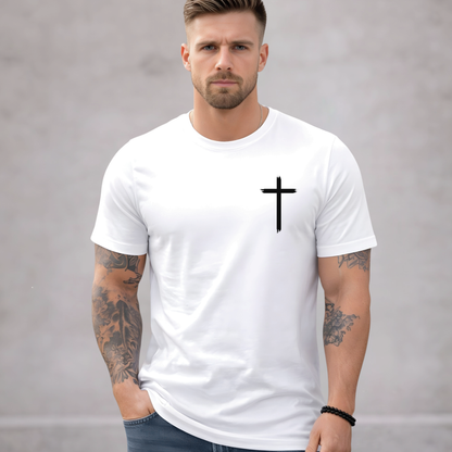 White Christian t-shirt front view with minimal black cross chest graphic