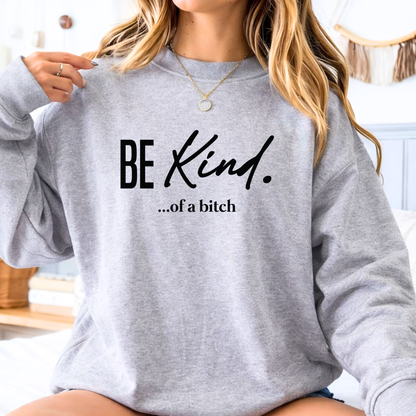 Gray sweatshirt with 'BE Kind...of a bitch' text worn by a person indoors.