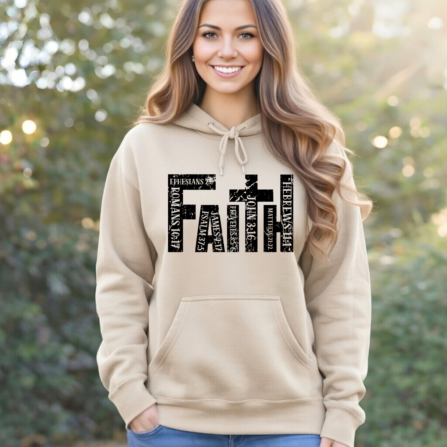 Woman wearing a Sand colored unisex Christian hoodie with distressed faith cross graphic
