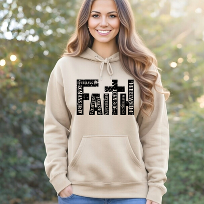 Woman wearing a Sand colored unisex Christian hoodie with distressed faith cross graphic