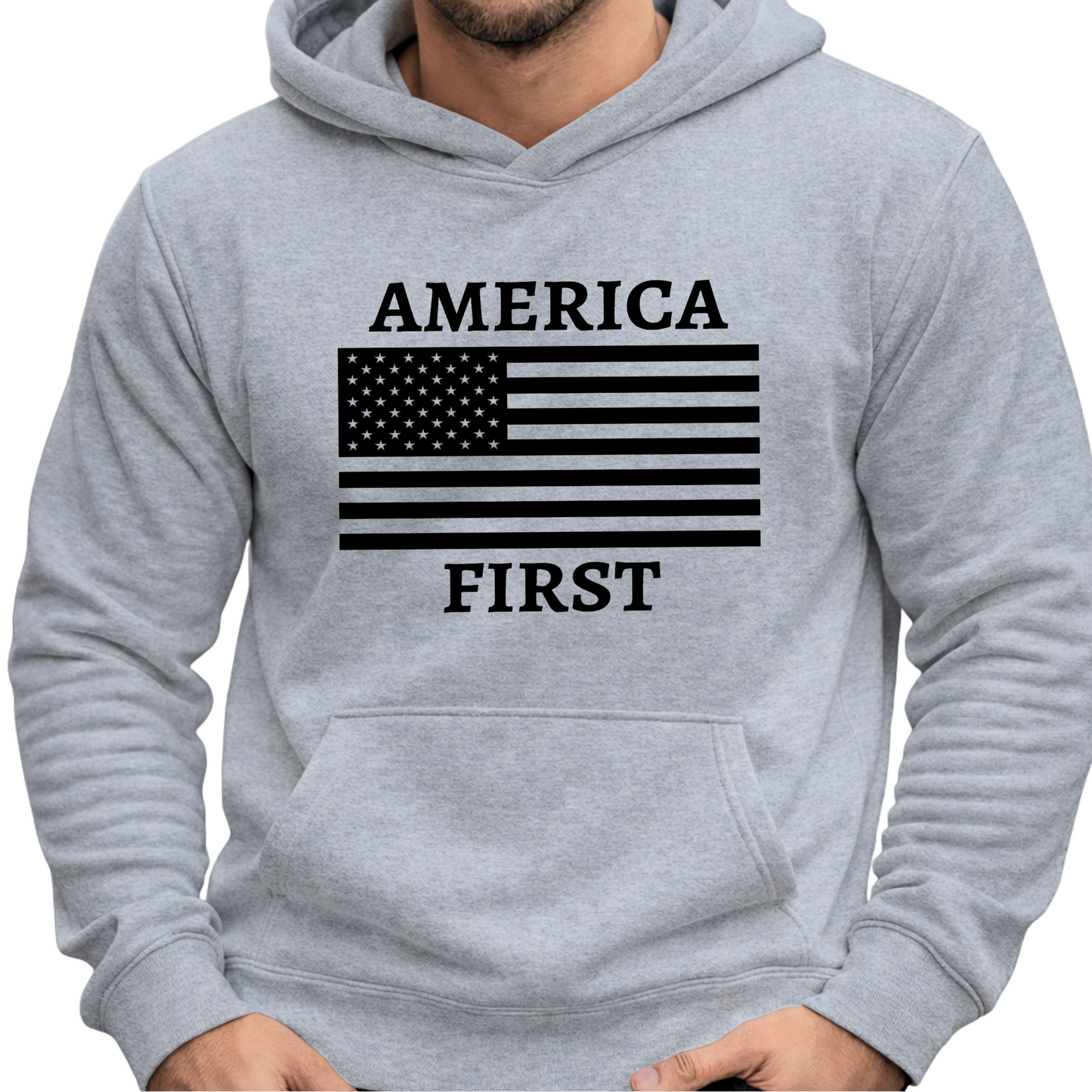 Men's sports gray patriotic America First hoodie with American flag graphic – America 250 anniversary shirt.
