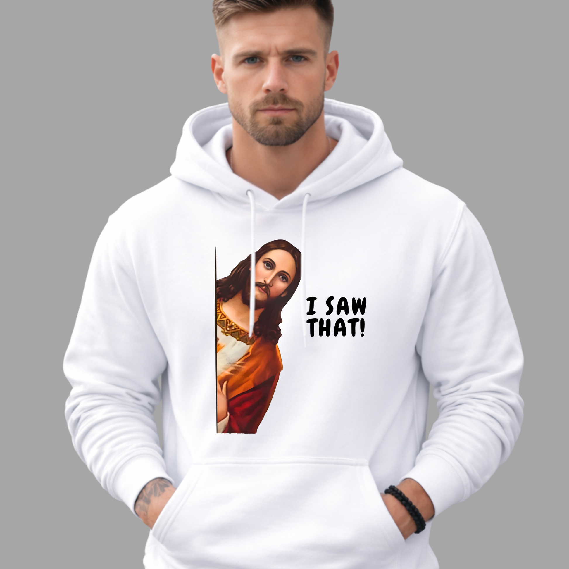 White hoodie Jesus I Saw That graphic design, Christian humor sweatshirt unisex faith apparel front view