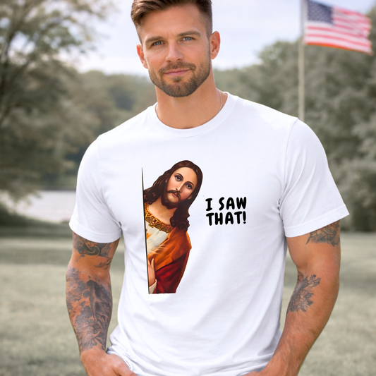 Men’s white graphic t-shirt Jesus I Saw That design, funny Christian shirt unisex faith apparel lifestyle model