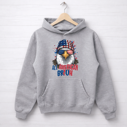 Gray hoodie with an eagle graphic and text on a white background