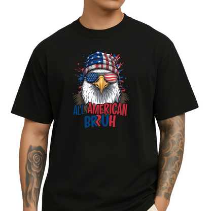 Man wearing black “All American Bruh” T-shirt featuring a bald eagle with American flag beanie and sunglasses. Patriotic 4th of July shirt with red, white, and blue design, perfect for Independence Day, Memorial Day, or veteran celebrations. Funny USA pride tee for men.