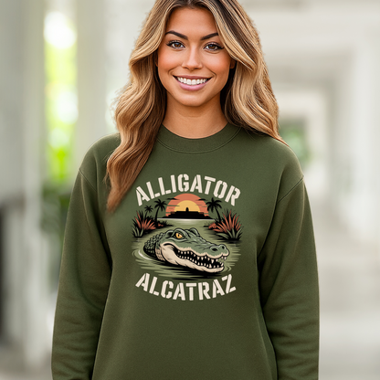 Woman wearing a green sweatshirt with an alligator graphic and text.