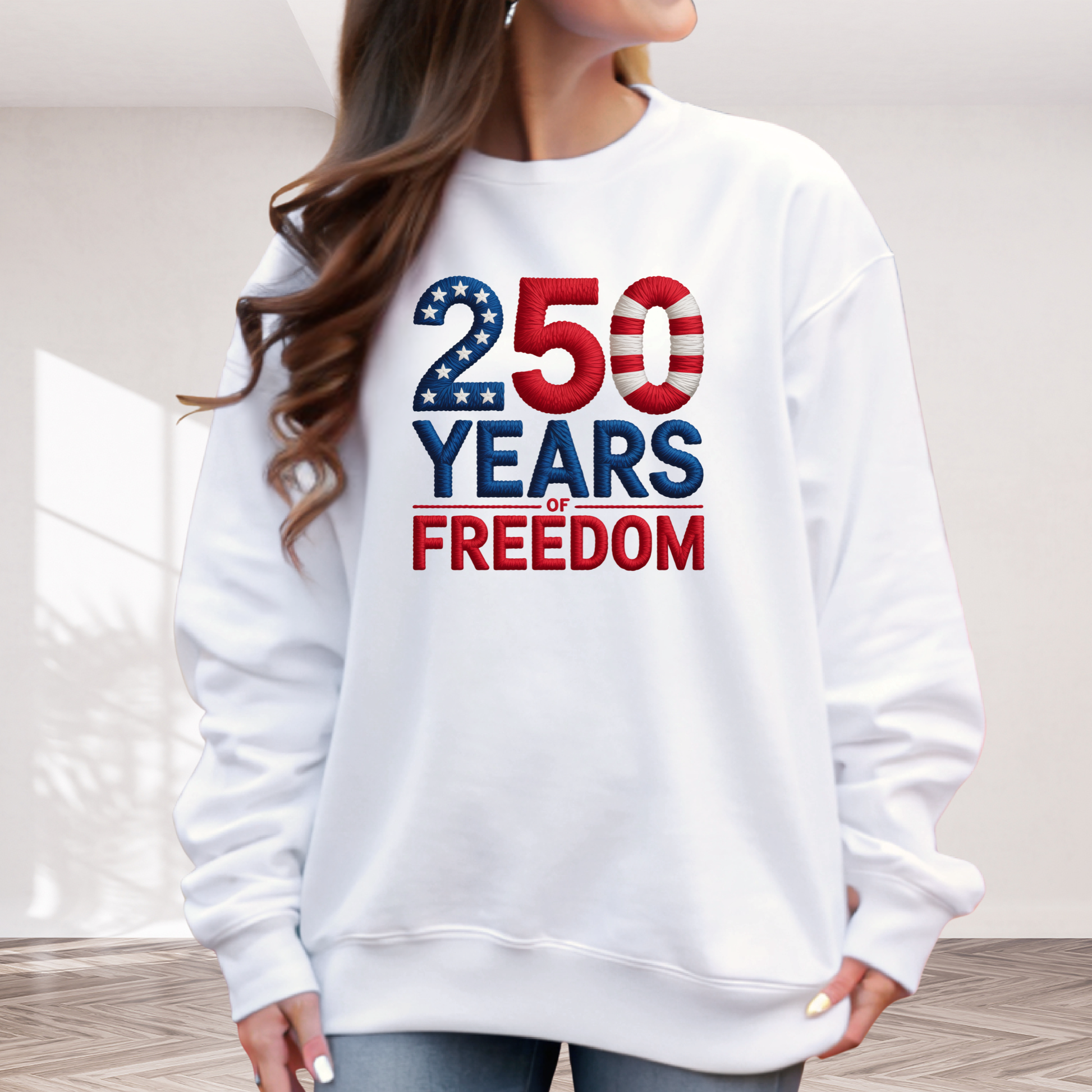 White sweatshirt with 250 Years of Freedom patriotic design worn casually