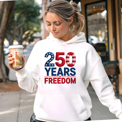 White sweatshirt with 250 Years of Freedom patriotic design worn outdoors