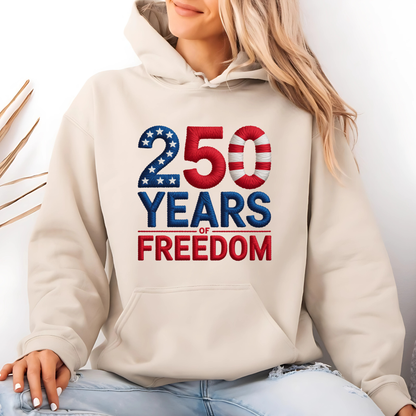Beige sweatshirt with 250 Years of Freedom patriotic design worn casually