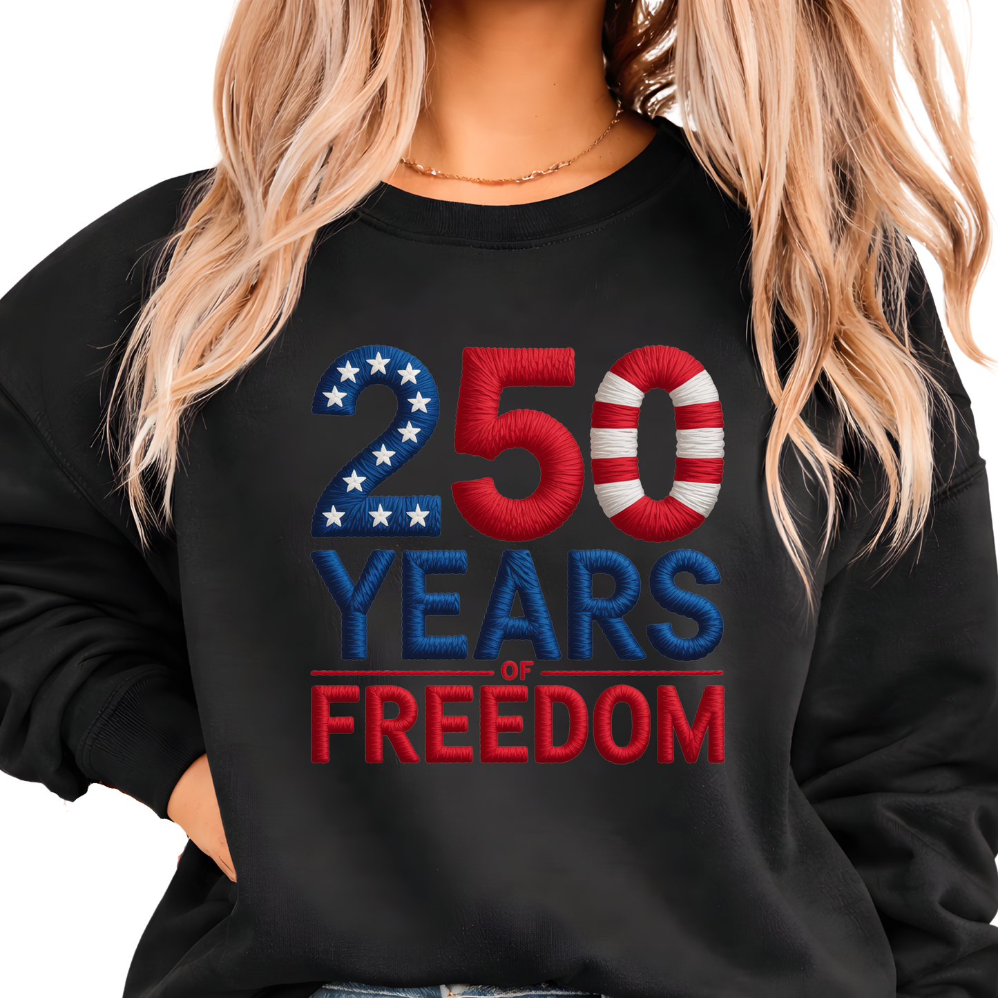 Black sweatshirt with 250 Years of Freedom patriotic design worn by woman smiling