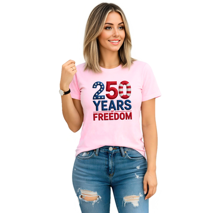 Light pink T-shirt with 250 Years of Freedom patriotic design worn by woman holding peace sign