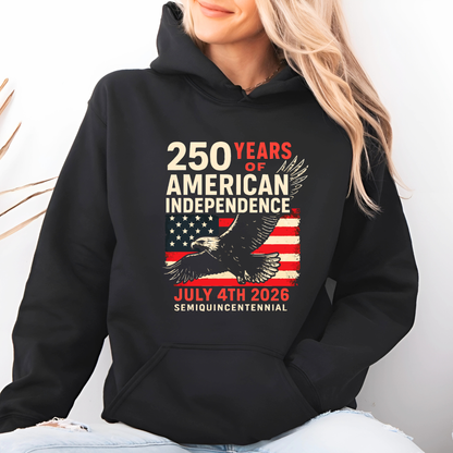 Woman wearing black hoodie with 250 Years of American Independence July 4th 2026 patriotic eagle design