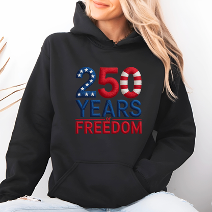 Black hoodie with 250 Years of Freedom patriotic design worn casually