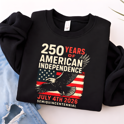 Black sweatshirt folded showing 250 Years of American Independence eagle and distressed American flag graphi