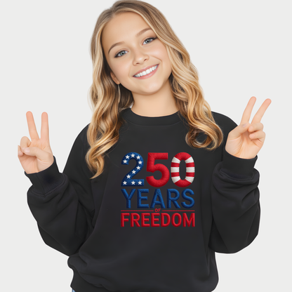 Black sweatshirt with 250 Years of Freedom patriotic design worn by smiling woman