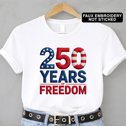 White sweatshirt with 250 Years of Freedom patriotic design hanging on hanger