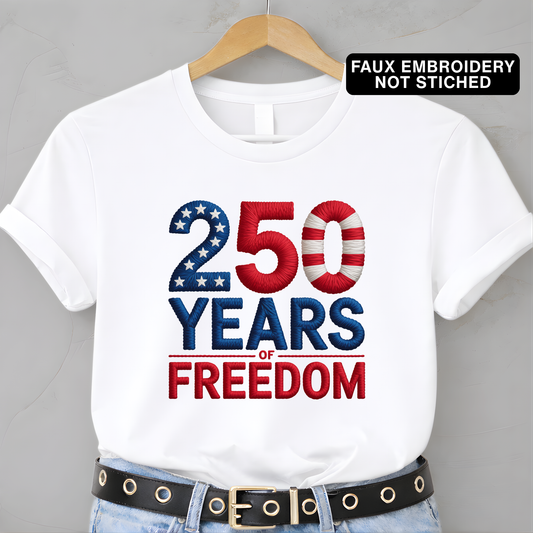 White sweatshirt with 250 Years of Freedom patriotic design hanging on hanger