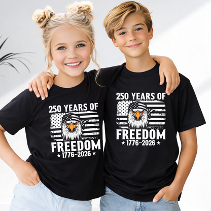 Two children wearing black t-shirts with an eagle graphic and text about 250 years of freedom. America 250 Tshirt for Kids