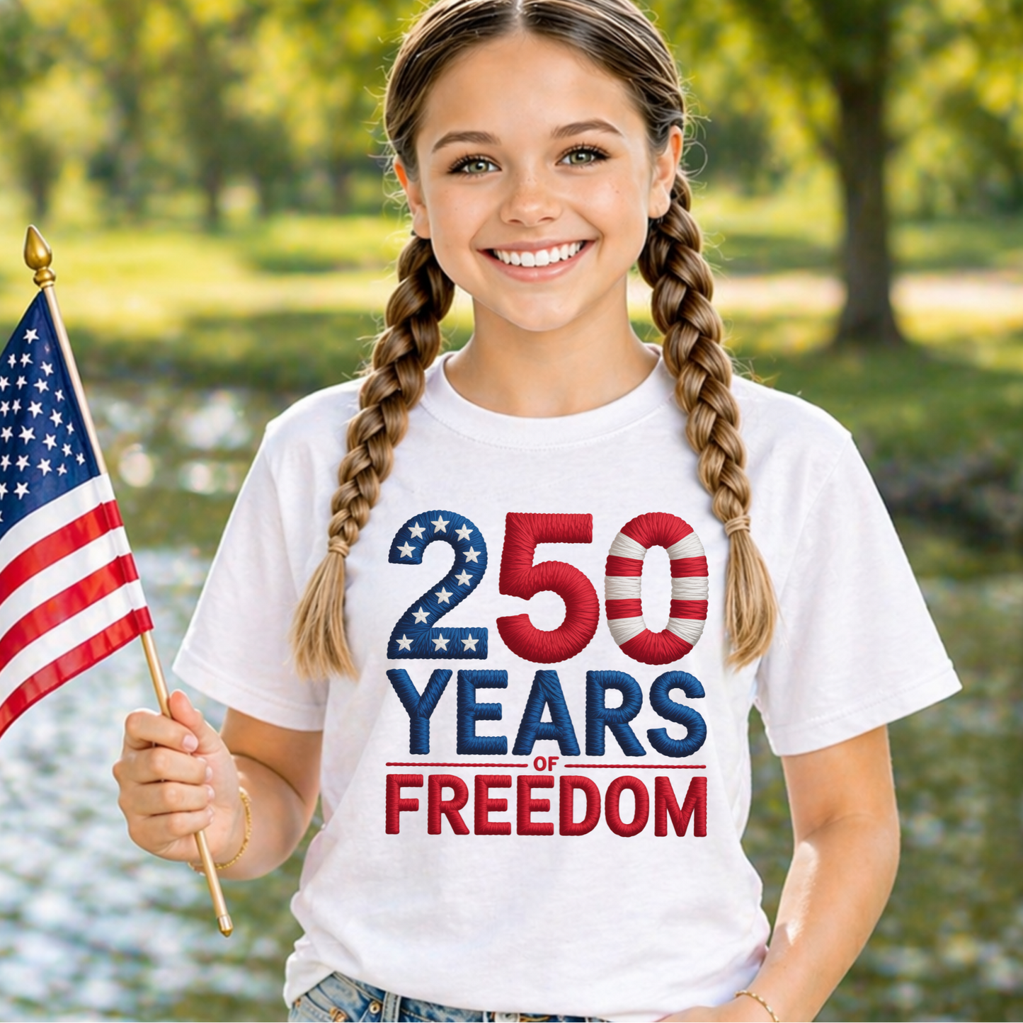 Young girl holding an American flag and wearing a '250 Years of Freedom' t-shirt in a park setting.