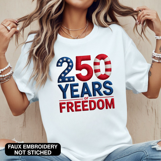 Woman wearing Tshirt with 250 Years of Freedom patriotic design worn with jeans