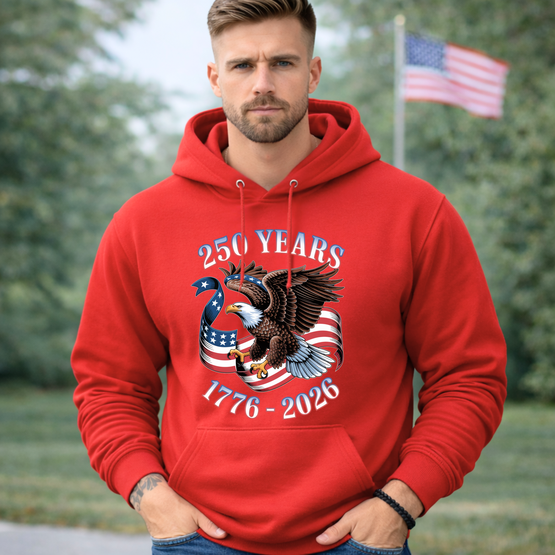 Mens red patriotic hoodie America 250 eagle 1776 2026 graphic sweatshirt front view