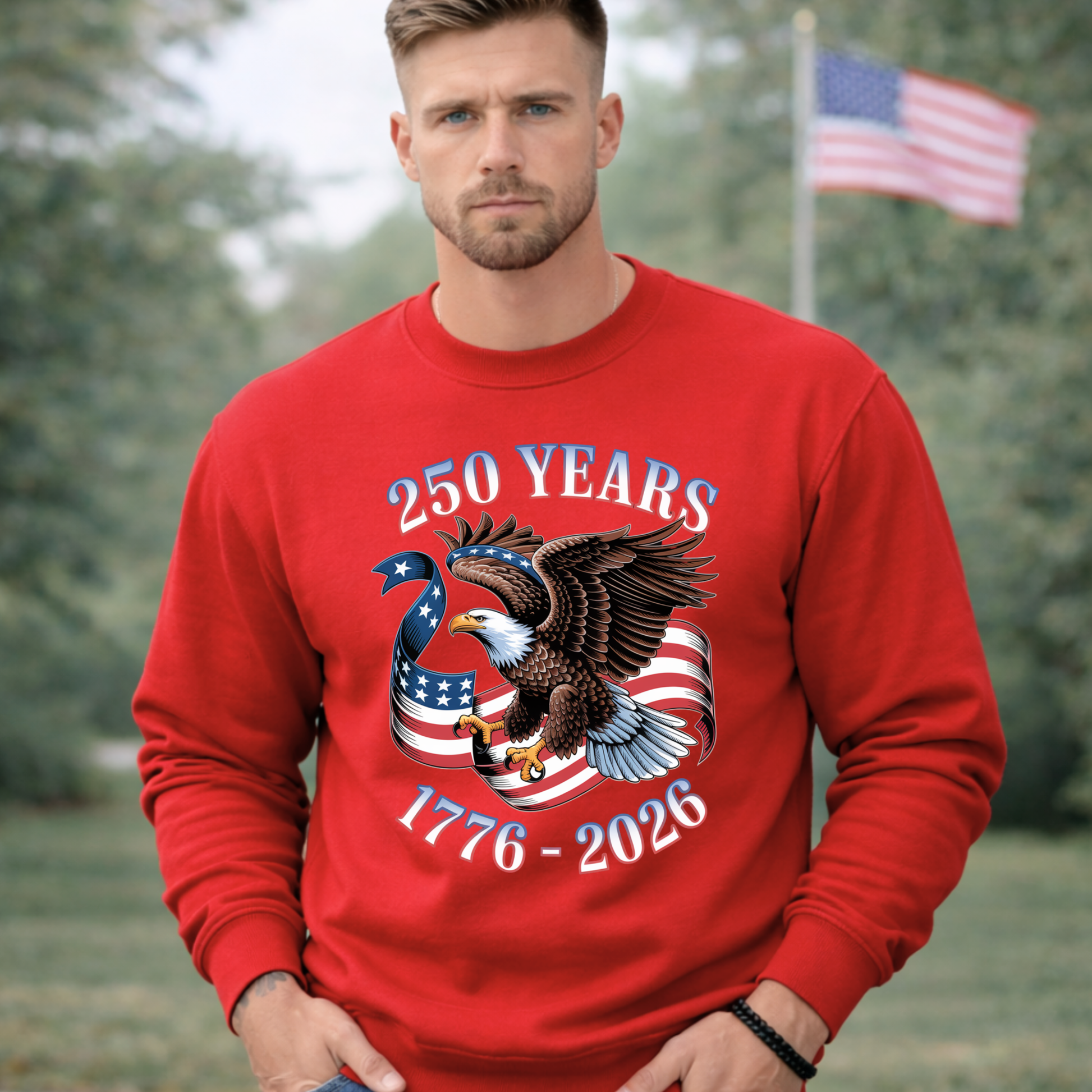 Mens red crewneck sweatshirt America 250 eagle graphic 1776 2026 patriotic apparel
