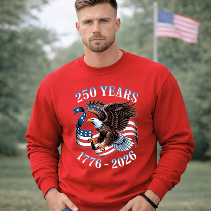Mens red crewneck sweatshirt America 250 eagle graphic 1776 2026 patriotic apparel